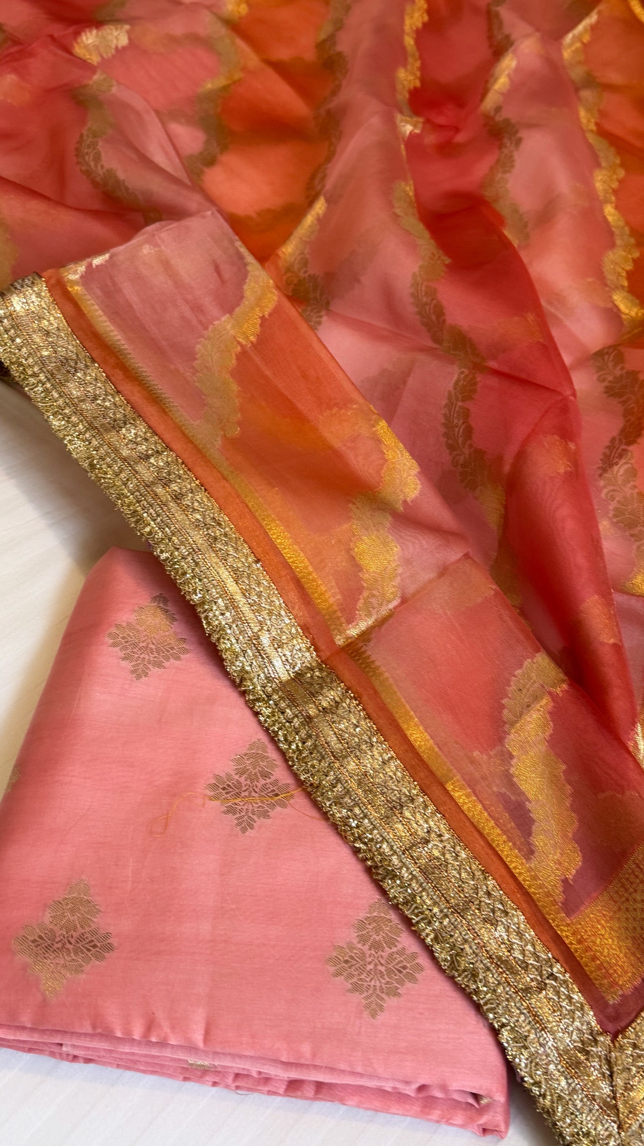 Shades of peach - Kora silk rangkaat kadhwa duppata paired with silk kurta